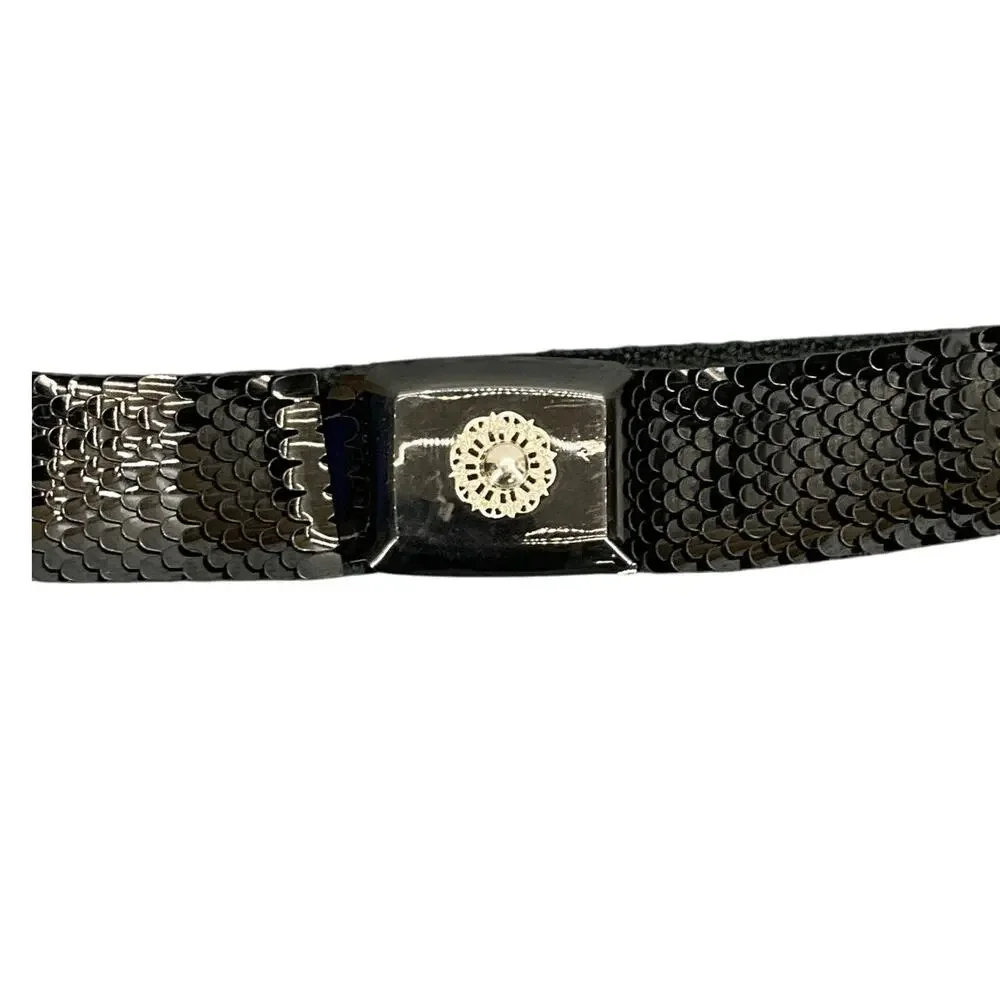 Vintage 80s Black Sequin Scaled Stretch Belt Clip Buckle Women Medium 30”-36”